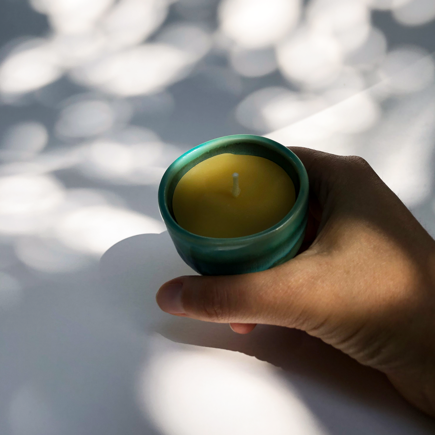 Beeswax Candle in Green Glaze Cup