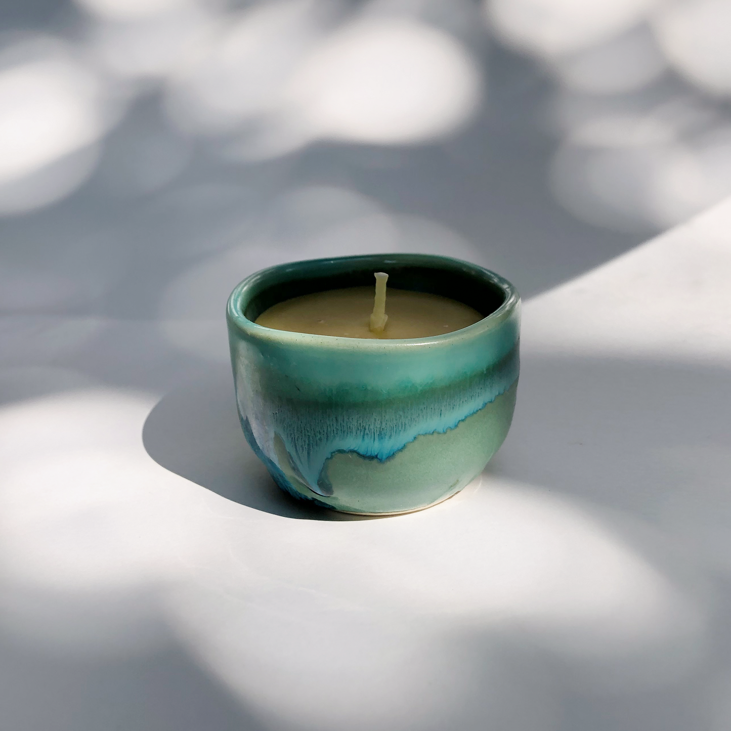 Beeswax Candle in Green Glaze Cup